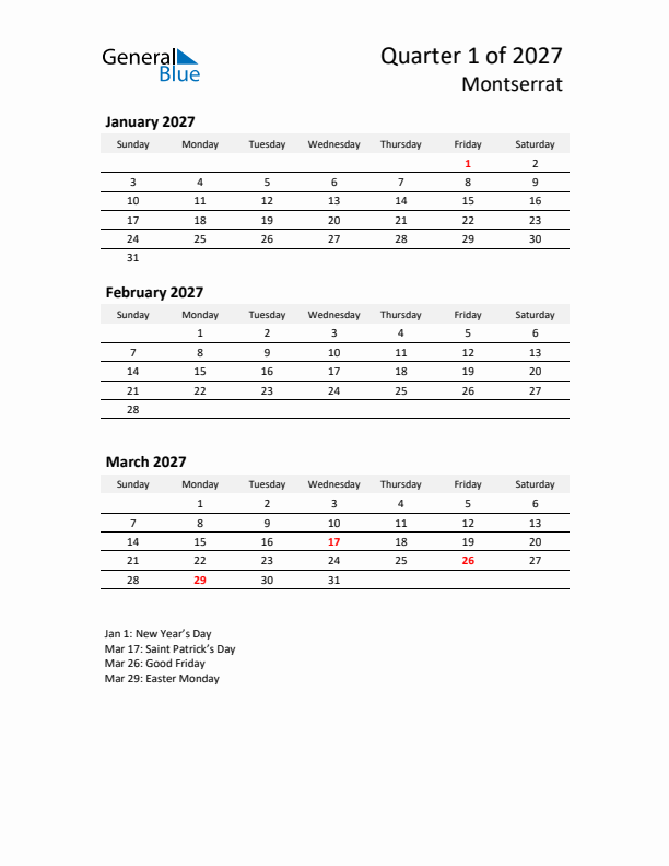 2027 Q1 Three-Month Calendar for Montserrat