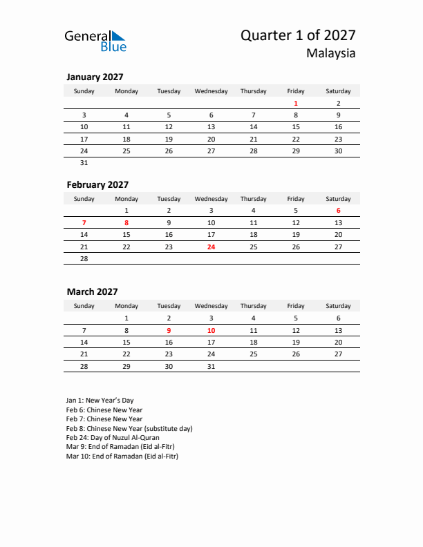 2027 Q1 Three-Month Calendar for Malaysia