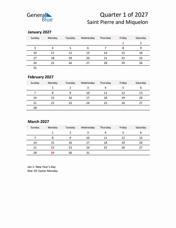 2027 Q1 Three-Month Calendar for Saint Pierre and Miquelon