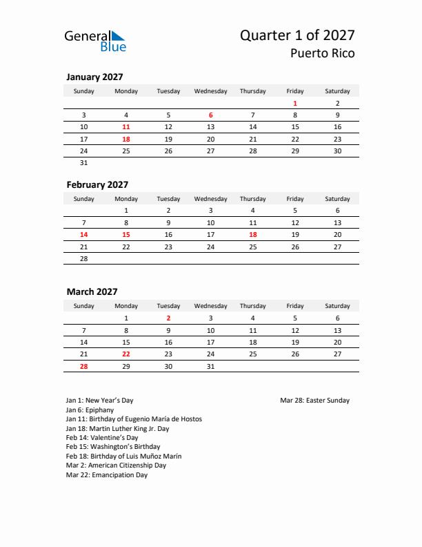2027 Q1 Three-Month Calendar for Puerto Rico