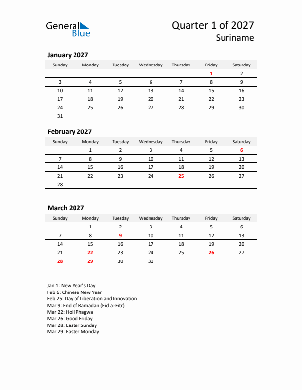 2027 Q1 Three-Month Calendar for Suriname