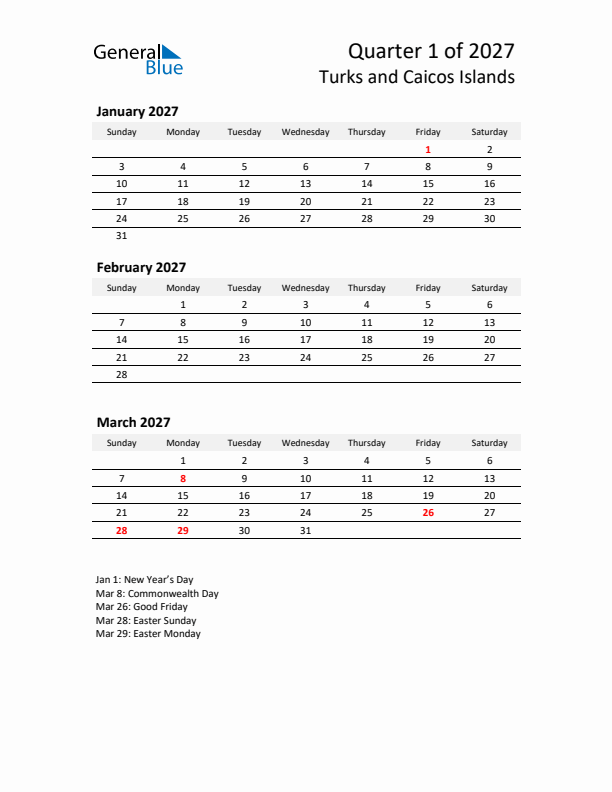 2027 Q1 Three-Month Calendar for Turks and Caicos Islands