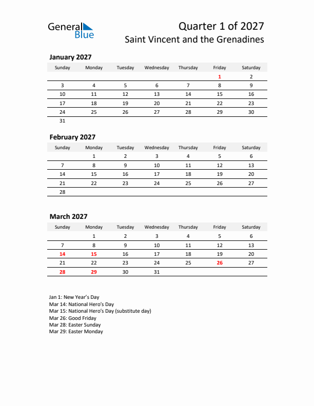 2027 Q1 Three-Month Calendar for Saint Vincent and the Grenadines