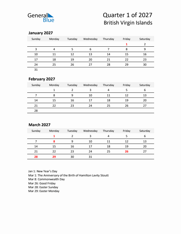 2027 Q1 Three-Month Calendar for British Virgin Islands