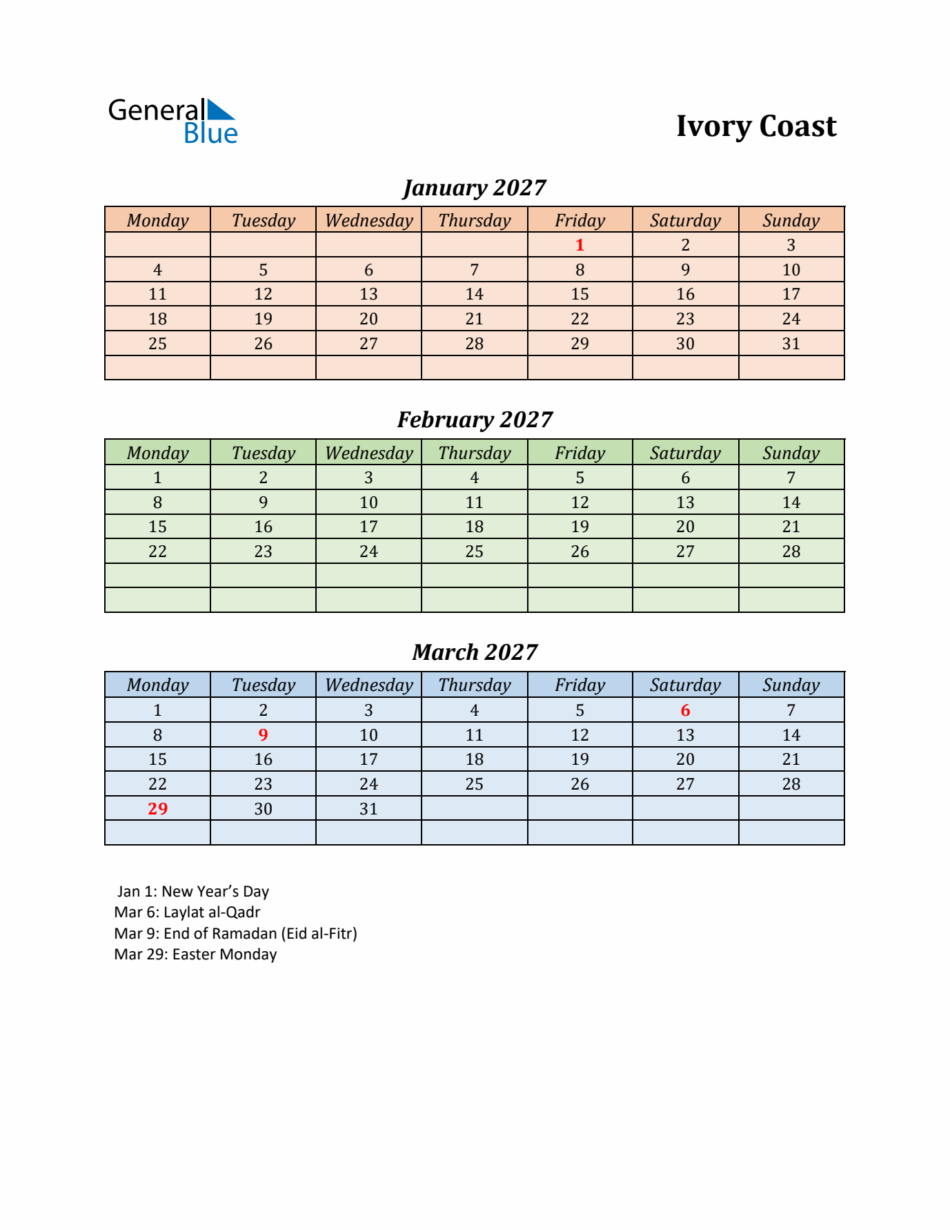 Q1 2027 Holiday Calendar - Ivory Coast