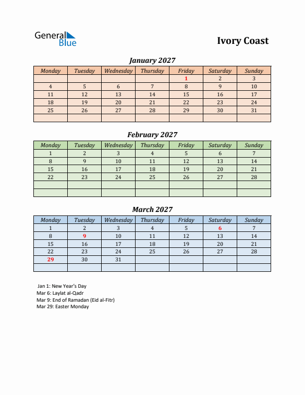 Q1 2027 Holiday Calendar - Ivory Coast