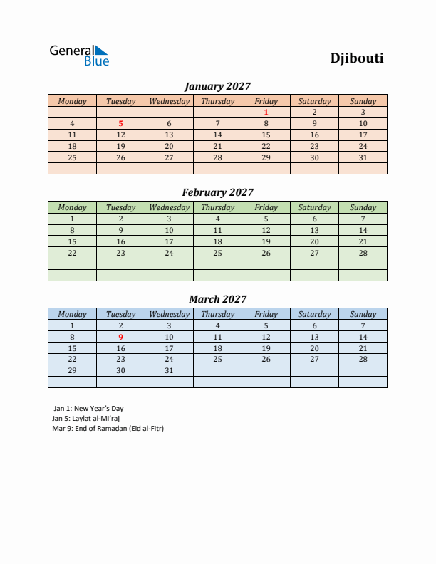 Q1 2027 Holiday Calendar - Djibouti