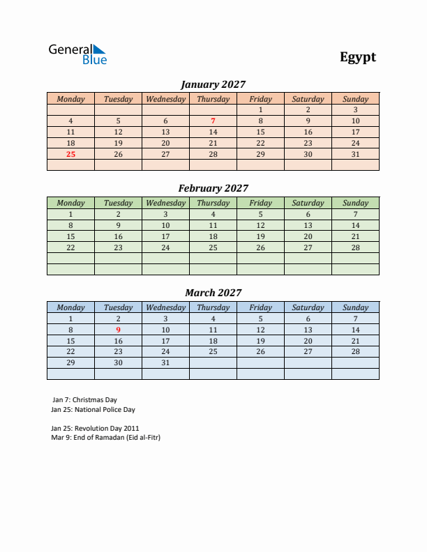 Q1 2027 Holiday Calendar - Egypt