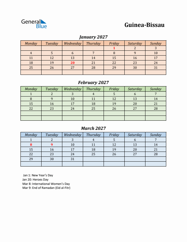 Q1 2027 Holiday Calendar - Guinea-Bissau