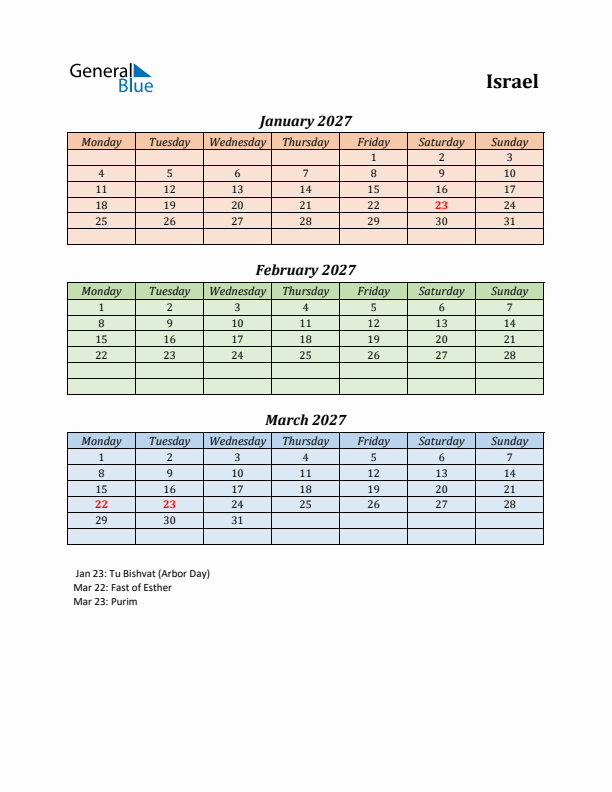 Q1 2027 Holiday Calendar - Israel