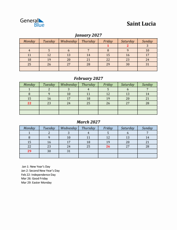 Q1 2027 Holiday Calendar - Saint Lucia