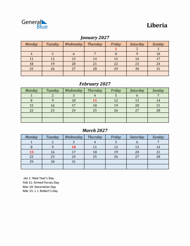 Q1 2027 Holiday Calendar - Liberia