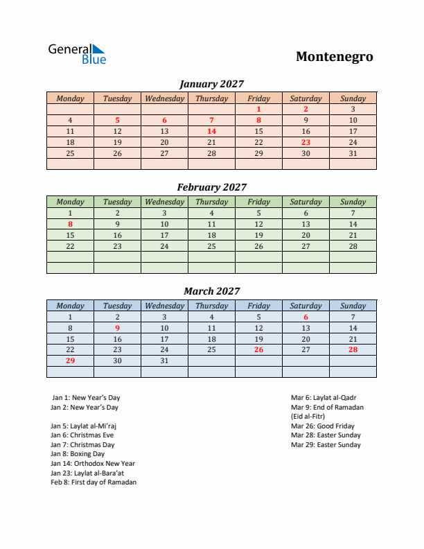 Q1 2027 Holiday Calendar - Montenegro