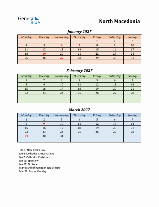 Q1 2027 Holiday Calendar - North Macedonia