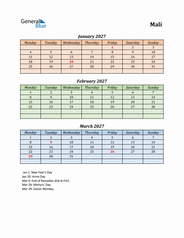 Q1 2027 Holiday Calendar - Mali