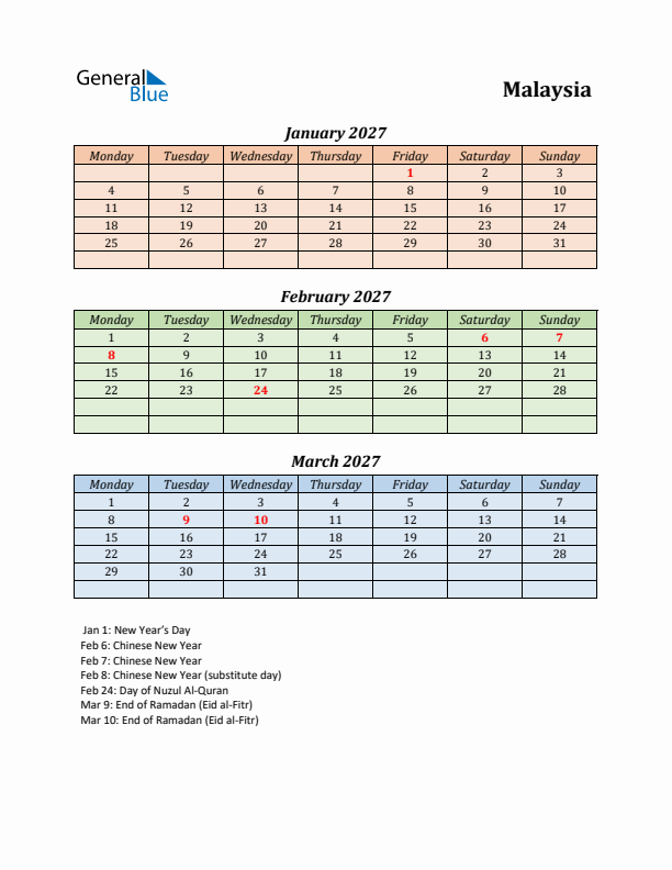 Q1 2027 Holiday Calendar - Malaysia