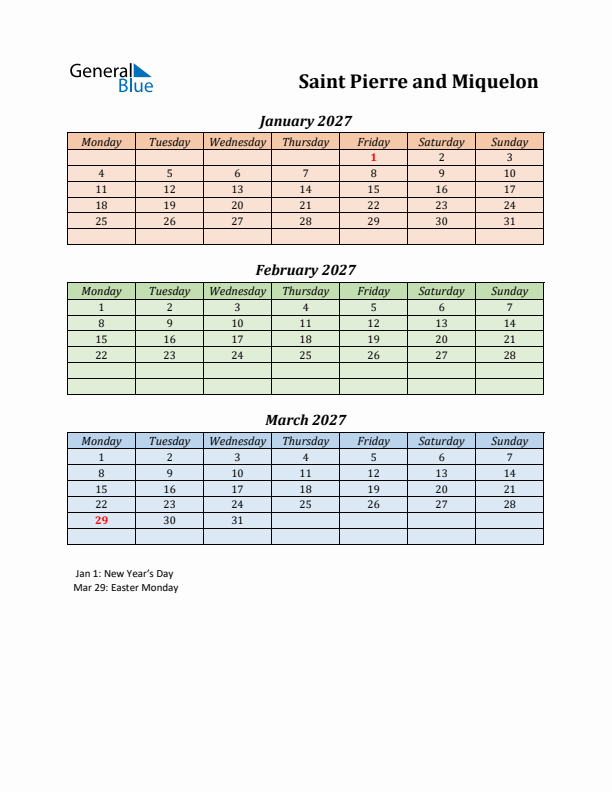 Q1 2027 Holiday Calendar - Saint Pierre and Miquelon
