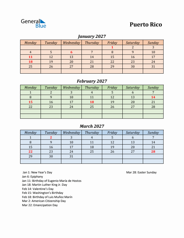 Q1 2027 Holiday Calendar - Puerto Rico