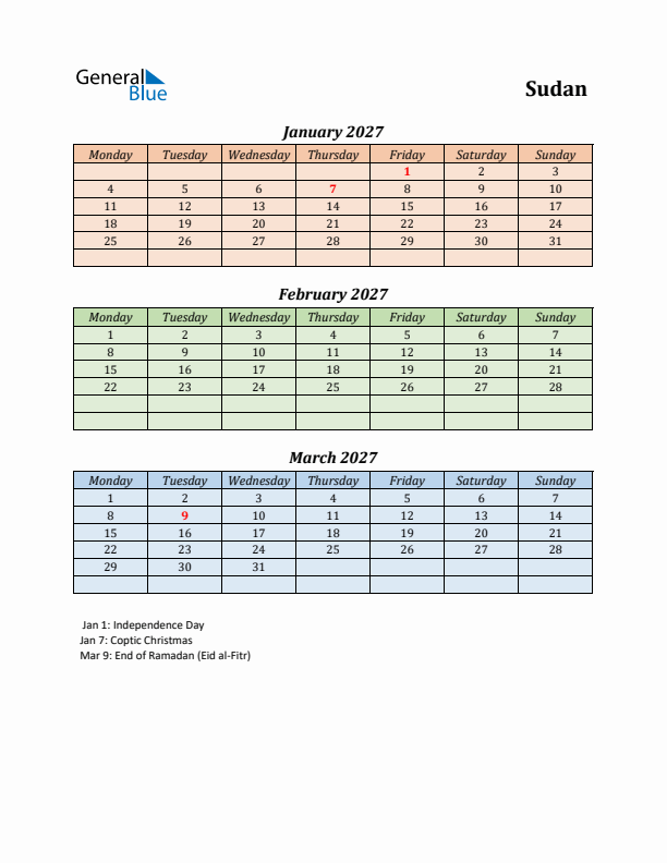 Q1 2027 Holiday Calendar - Sudan