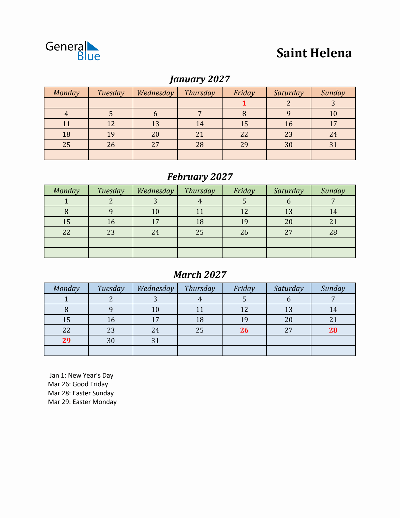Q1 2027 Holiday Calendar - Saint Helena