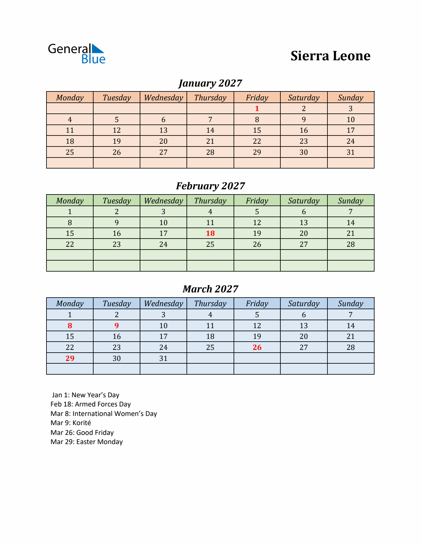 Q1 2027 Holiday Calendar - Sierra Leone
