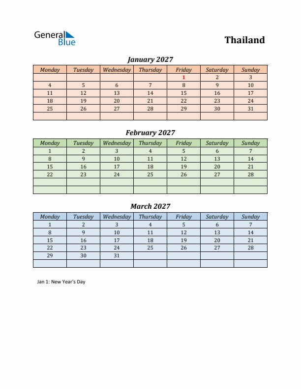 Q1 2027 Holiday Calendar - Thailand