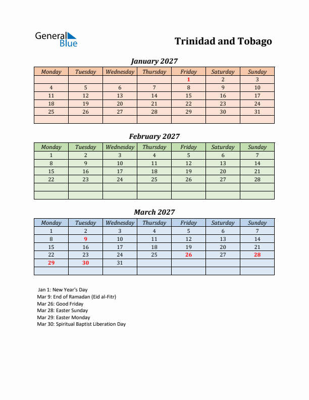 Q1 2027 Holiday Calendar - Trinidad and Tobago