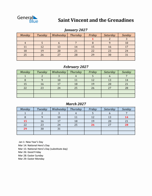 Q1 2027 Holiday Calendar - Saint Vincent and the Grenadines
