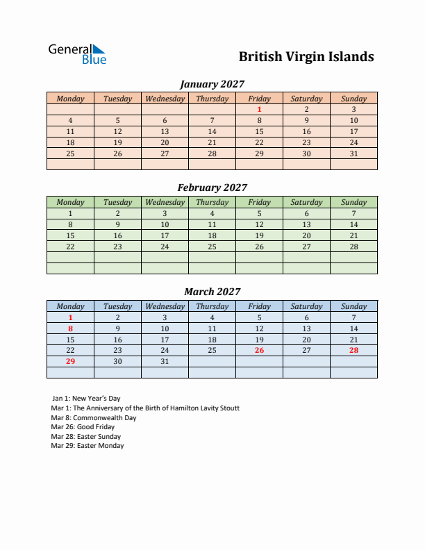 Q1 2027 Holiday Calendar - British Virgin Islands