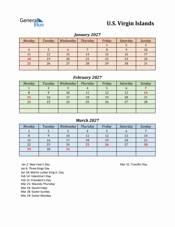 Q1 2027 Holiday Calendar - U.S. Virgin Islands