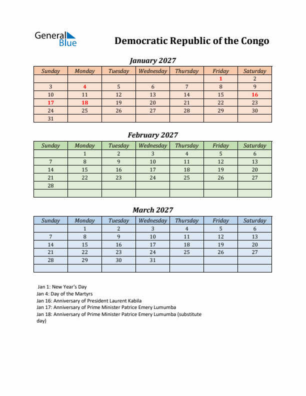 Q1 2027 Holiday Calendar - Democratic Republic of the Congo