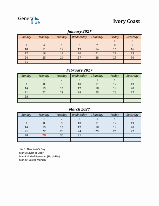 Q1 2027 Holiday Calendar - Ivory Coast