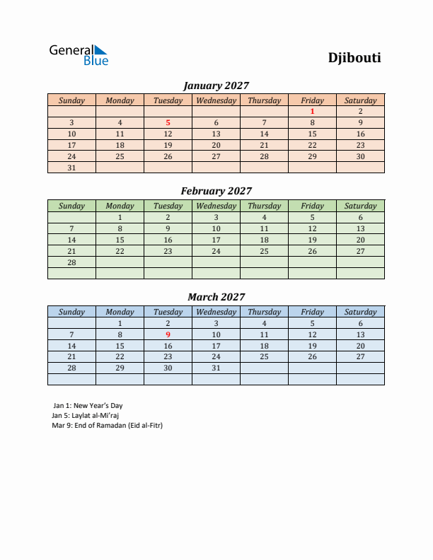 Q1 2027 Holiday Calendar - Djibouti