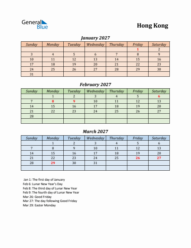 Q1 2027 Holiday Calendar - Hong Kong