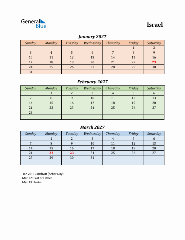 Q1 2027 Holiday Calendar - Israel