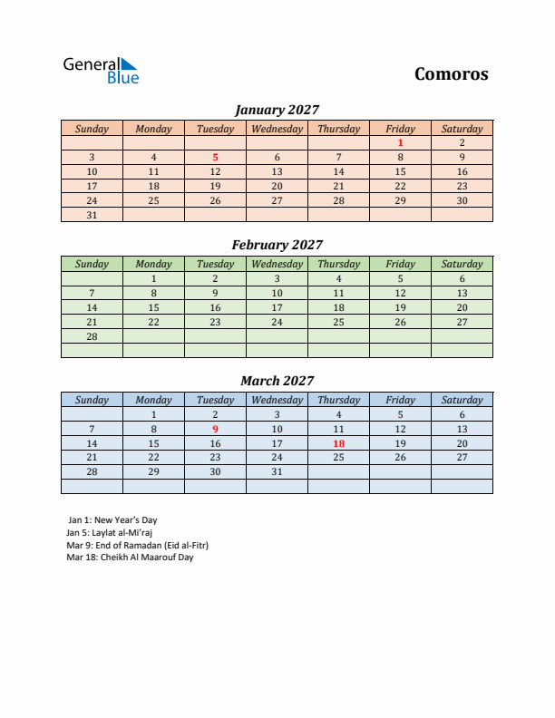 Q1 2027 Holiday Calendar - Comoros