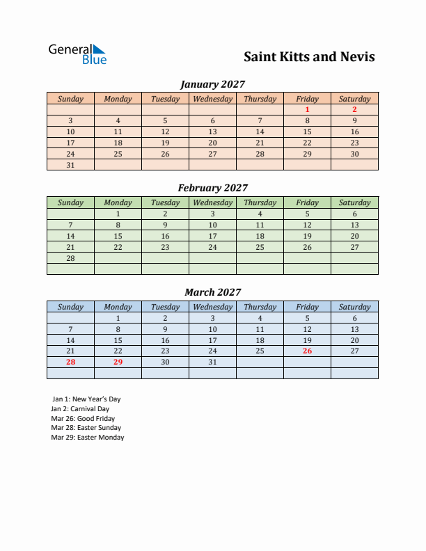 Q1 2027 Holiday Calendar - Saint Kitts and Nevis