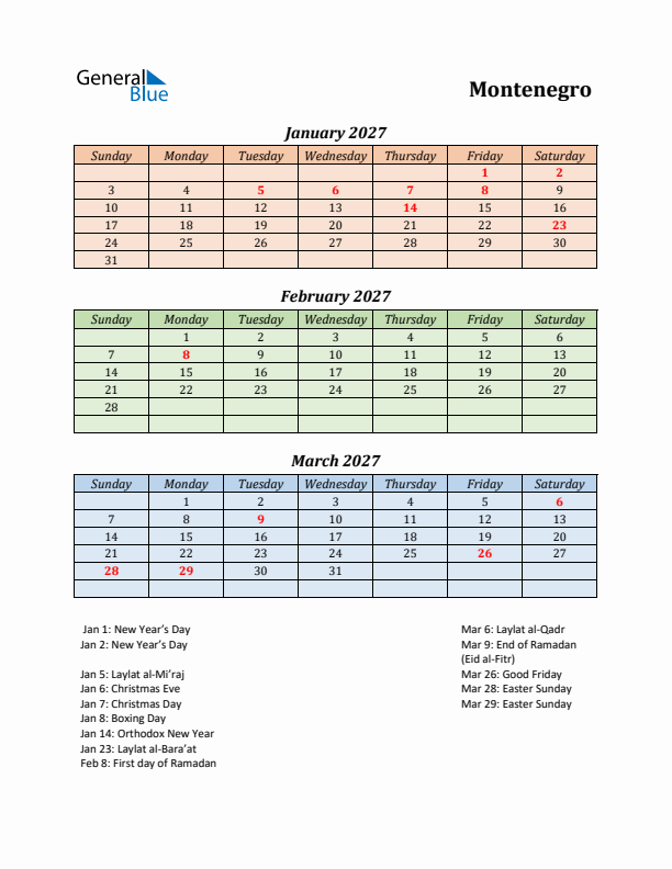 Q1 2027 Holiday Calendar - Montenegro