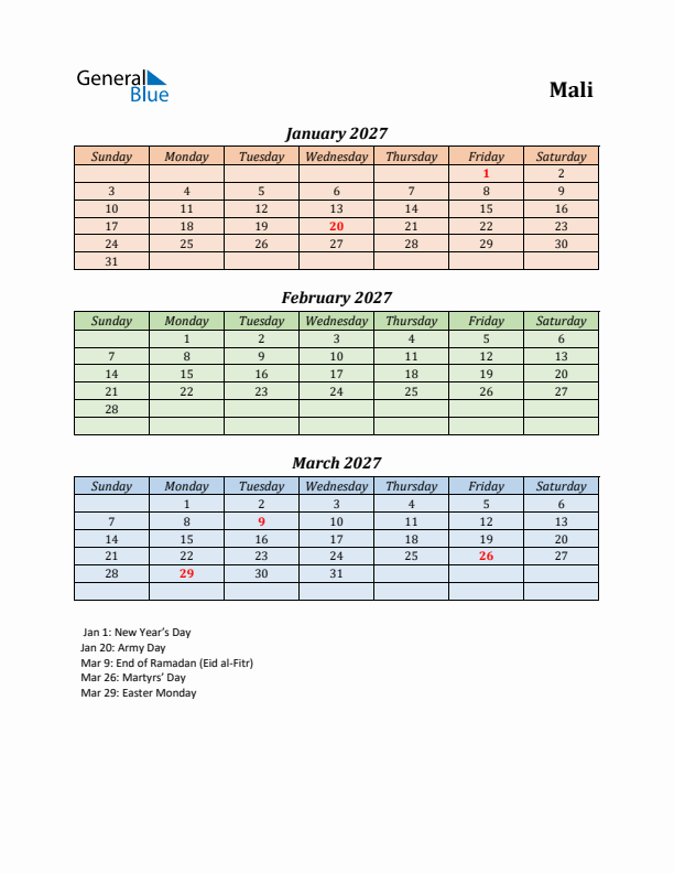 Q1 2027 Holiday Calendar - Mali