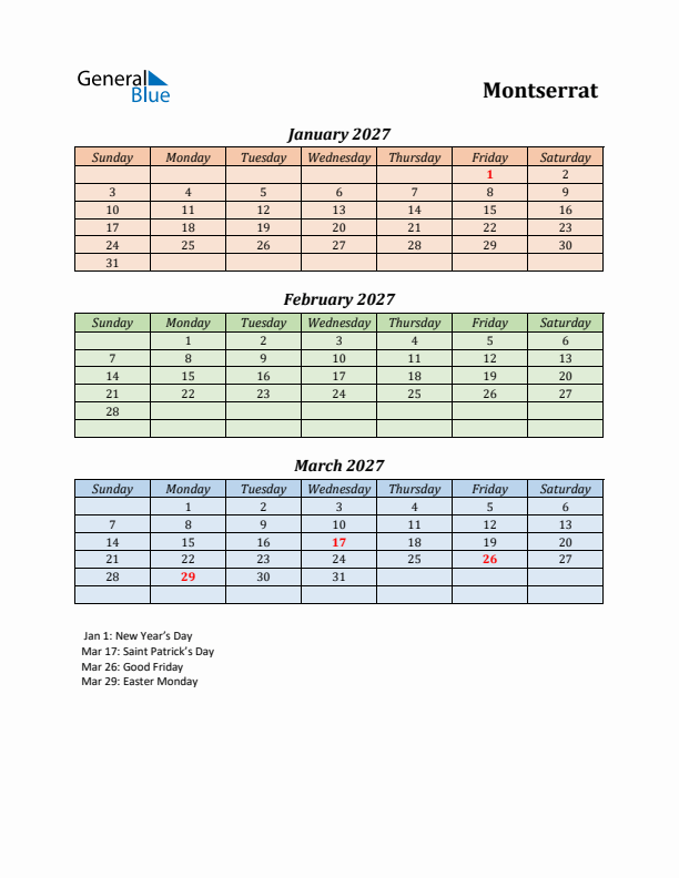 Q1 2027 Holiday Calendar - Montserrat