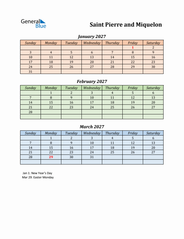 Q1 2027 Holiday Calendar - Saint Pierre and Miquelon