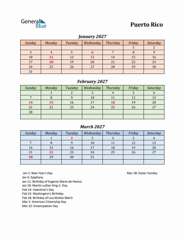 Q1 2027 Holiday Calendar - Puerto Rico