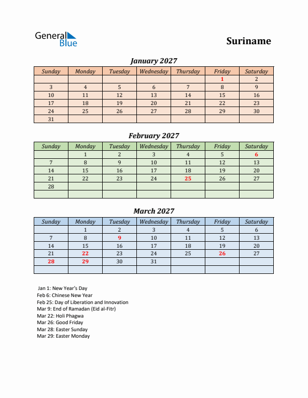 Q1 2027 Holiday Calendar - Suriname