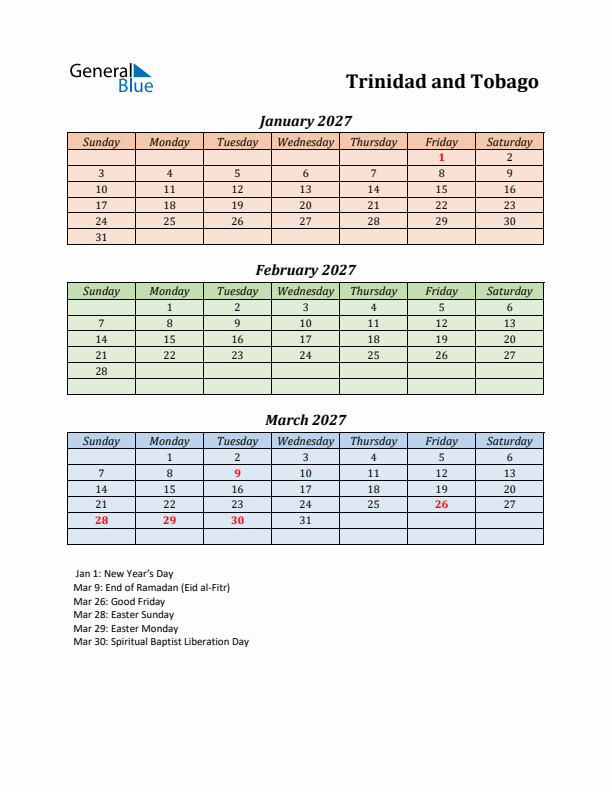 Q1 2027 Holiday Calendar - Trinidad and Tobago