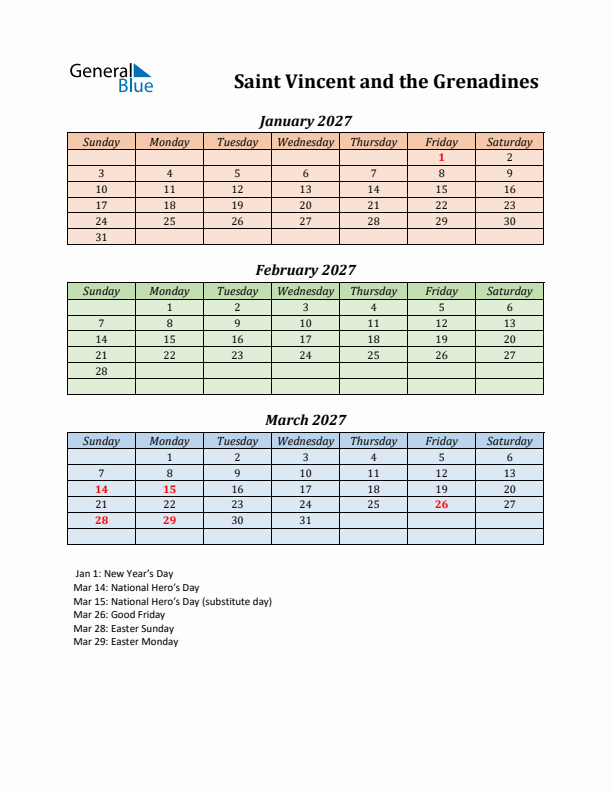 Q1 2027 Holiday Calendar - Saint Vincent and the Grenadines