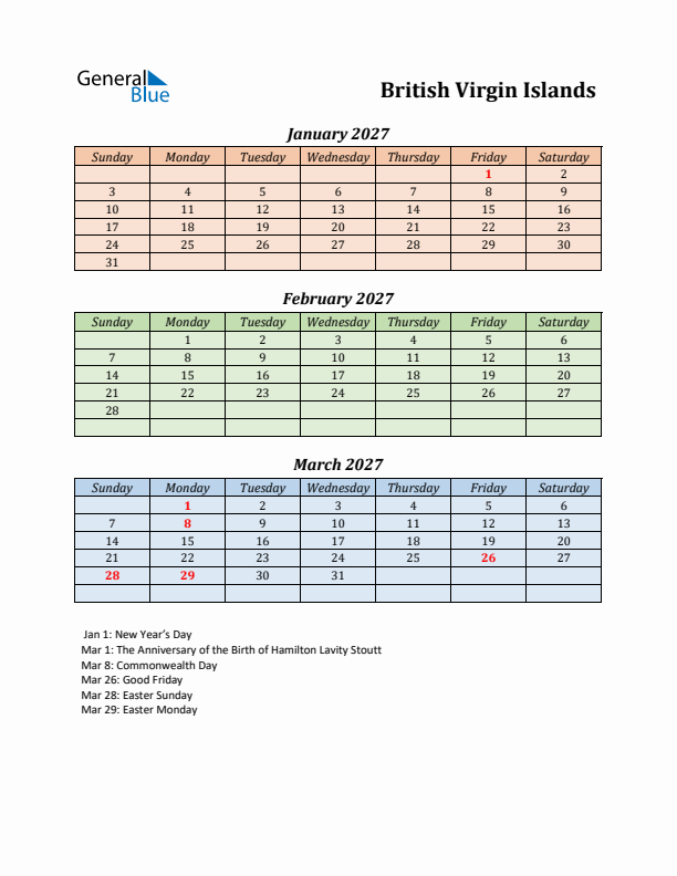Q1 2027 Holiday Calendar - British Virgin Islands