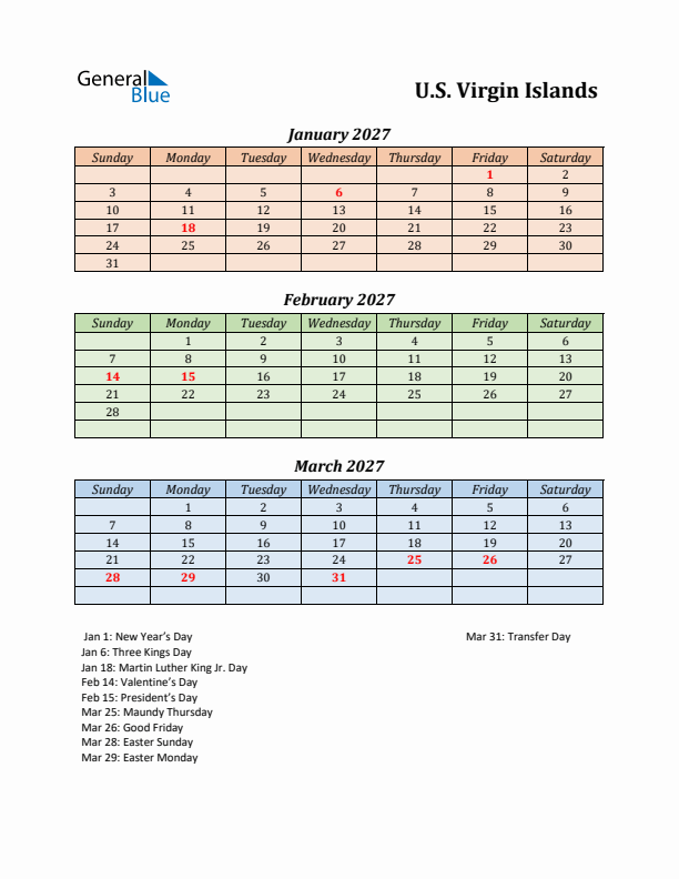 Q1 2027 Holiday Calendar - U.S. Virgin Islands