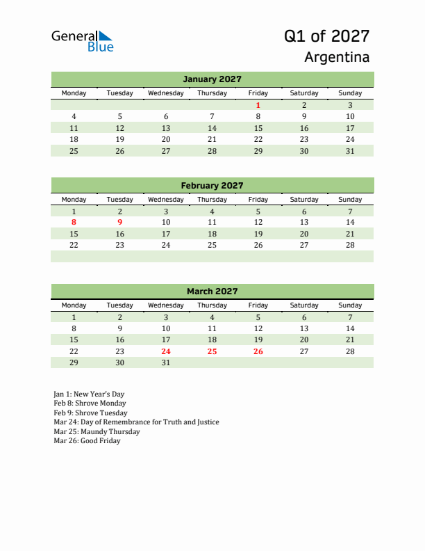 Quarterly Calendar 2027 with Argentina Holidays