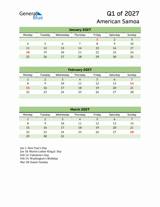Quarterly Calendar 2027 with American Samoa Holidays