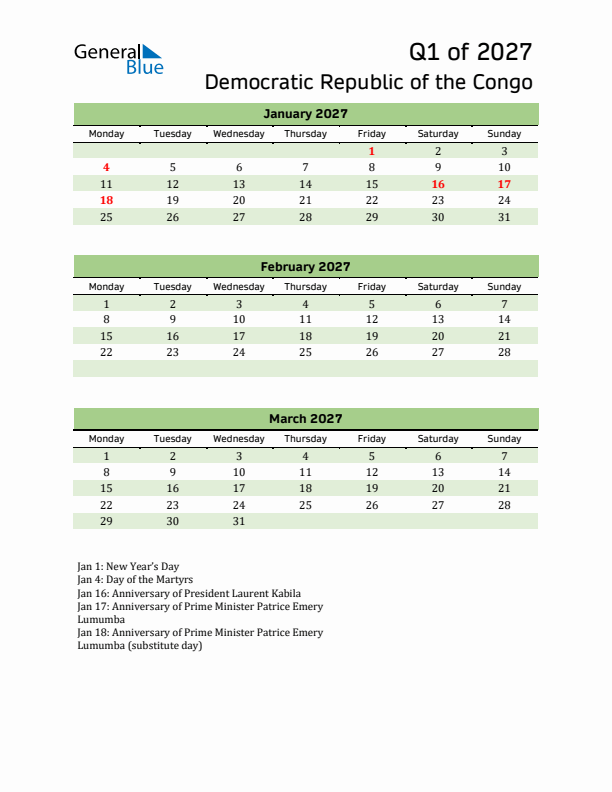 Quarterly Calendar 2027 with Democratic Republic of the Congo Holidays
